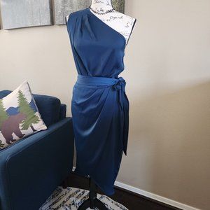 SATIN ONE SHOULDER TIE WAIST ASYMMETRIC HEM MIDI DRESS